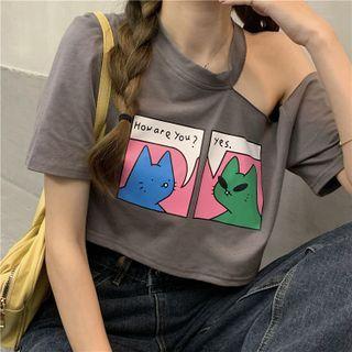 Elbow-sleeve Graphic Print T-shirt / Short-sleeve Cold Shoulder Graphic Print Cropped T-shirt