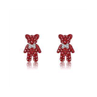 Sterling Silver Fashion Cute Bear Stud Earrings With Red Cubic Zircon Silver - One Size