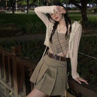 Plain Mini Skirt / Plain Cardigan / Plaid Tube Top