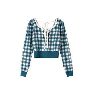 Square Neck Open Back Long Sleeve Gingham Knit Top