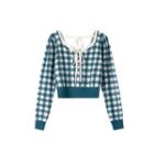 Square Neck Open Back Long Sleeve Gingham Knit Top