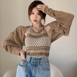 Set: Argyle Print Knit Camisole Top + Cardigan Camisole Top - Brown - One Size / Cardigan - Brown - One Size