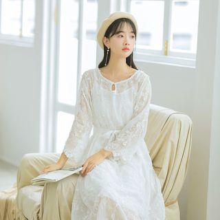Set: Embroidered Long-sleeve Midi Chiffon Dress + Slipdress