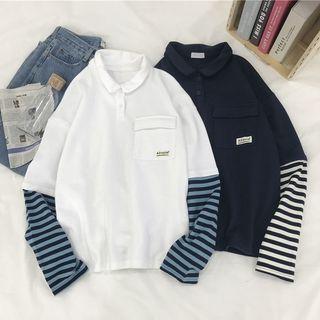 Mock Two-piece Striped-sleeve Polo Neck Top