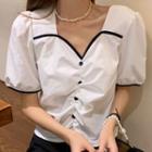 Short-sleeve Shirred Front Contrast Trim Top