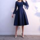 Lace Elbow-sleeve A-line Midi Prom Dress