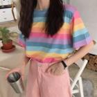 Short-sleeve Rainbow Stripe T-shirt Random Colour - One Size