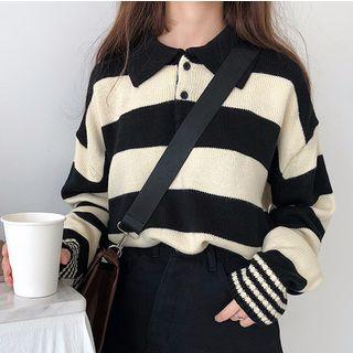 Striped Sweater With Polo Collar