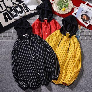 Couple Matching Long-sleeve Striped Hooded Buttoned Top