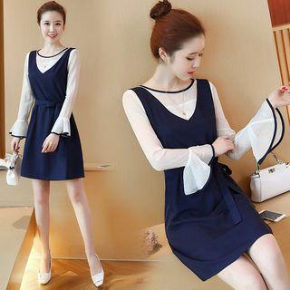 Set: Contrast Trim Long Sleeve Top + Plain V-neck Tank Dress