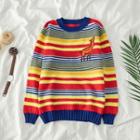 Deer Embroidered Rainbow Stripe Sweater As Shown In Figure - One Size