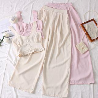 Set: Ruffled-hem Crop Top + Wide-leg Pants