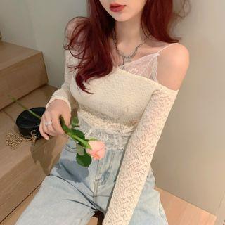 Long-sleeve Mock Two-piece Cold-shoulder Lace Top