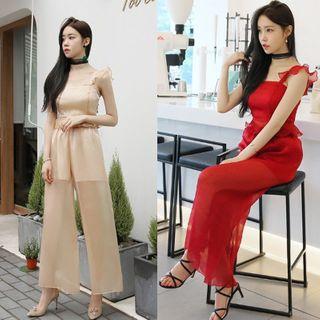 Set: Ruffle Strap Mesh Top + Wide Leg Pants
