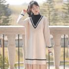 Long-sleeve Mock-neck Knit Shift Dress