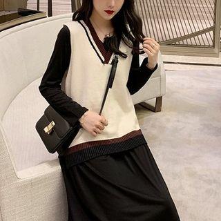Contrast Trim V-neck Knit Vest / Long-sleeve A-line Dress
