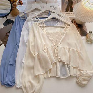 Set: Plain Cropped Camisole Top + Ruffle Hem Blouse