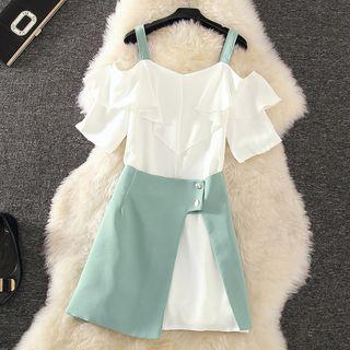 Set: Cold Shoulder Short-sleeve A-line Dress + A-line Skirt
