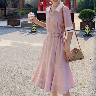 Elbow-sleeve Contrast Trim Buttoned A-line Midi Dress