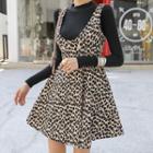 Set: Rib-knit Top + Leopard Skater Dress Black - One Size