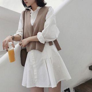 Set: A-line Shirtdress + V-neck Knit Vest