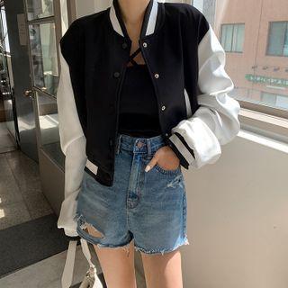 Shirred-sleeve Two-tone Baseball Jacket