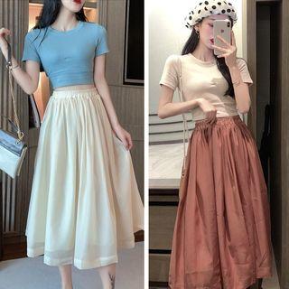Short-sleeve Crop Top / Midi A-line Skirt