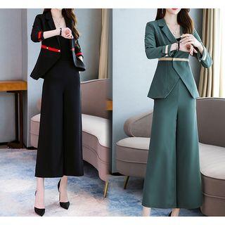 Set: Plain Blazer + Wide Leg Pants