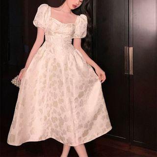 Short-sleeve Square-neck Floral Midi Corset Dress