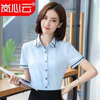 Contrast-trim Short-sleeve Shirt/ Slim-fit Cropped Dress Pants/ Mini Pencil Skirt/ Set