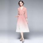 3/4 Sleeve Collared Gradient Pleated A-line Midi Dress