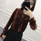 Velvet Bow Long-sleeve Blouse