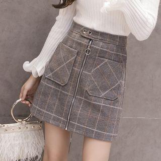 High-waist Zipped Plaid Skirt