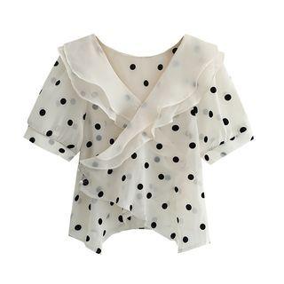 Short-sleeve Ruffle Trim Dotted Blouse