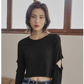 Long-sleeve Cutout Knit Top Army Green - One Size