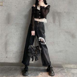 Cutout Ruffled Wide Leg Jeans