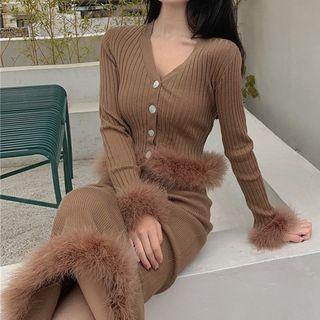 Furry Trim Cardigan / Knit Skirt