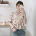 Short-sleeve V-neck Heart Print Peplum Blouse