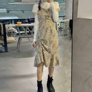 Drawstring Plain T-shirt / Leopard Midi Dress