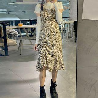 Drawstring Plain T-shirt / Leopard Midi Dress