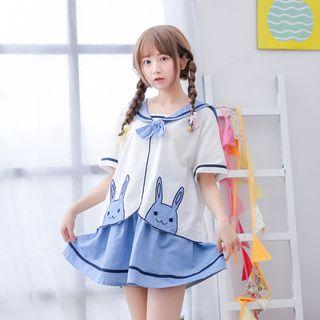 Set: Rabbit Sailor Collar Short-sleeve Top + Mini Skirt