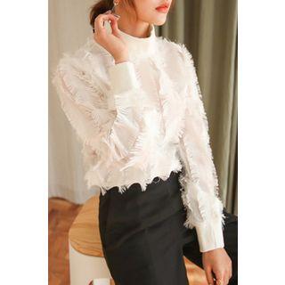 Mock-neck Fringed-trim Top