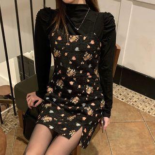 Long-sleeve Mock-neck Top / Spaghetti Strap Floral Print Mini A-line Dress
