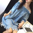 Fringed Off Shoulder Elbow Sleeve Denim Dress