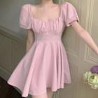 Short-sleeve Square-neck Mini A-line Dress Dress - Pink - One Size