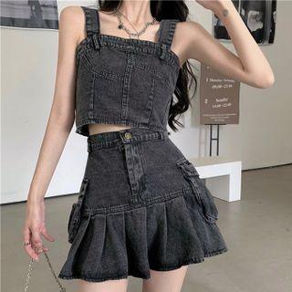 Set: Denim Camisole Top + Pleated Mini A-line Skirt