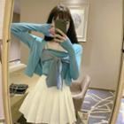 Plain Cardigan / Bow Accent Camisole / Mini Pleated Skirt / Set