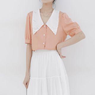 Doll Collar Lace Puff-sleeved Top