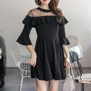 Elbow-sleeve Ruffle-trim Mini A-line Dress