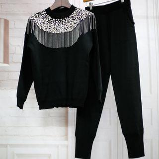 Set: Metal Fringe Faux Pearl Knit Top + Harem Pants